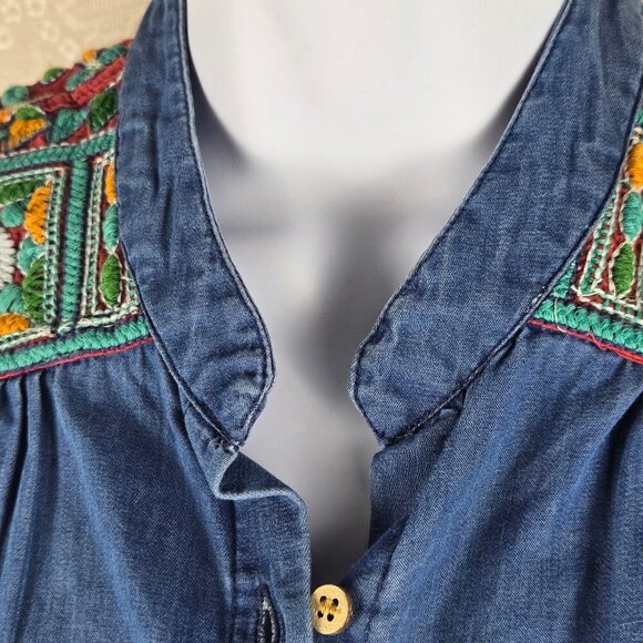 Earthbound Trading Co Size Small Chambray Tie Front Blouse Embroidered Yoke - Picture 4 of 12